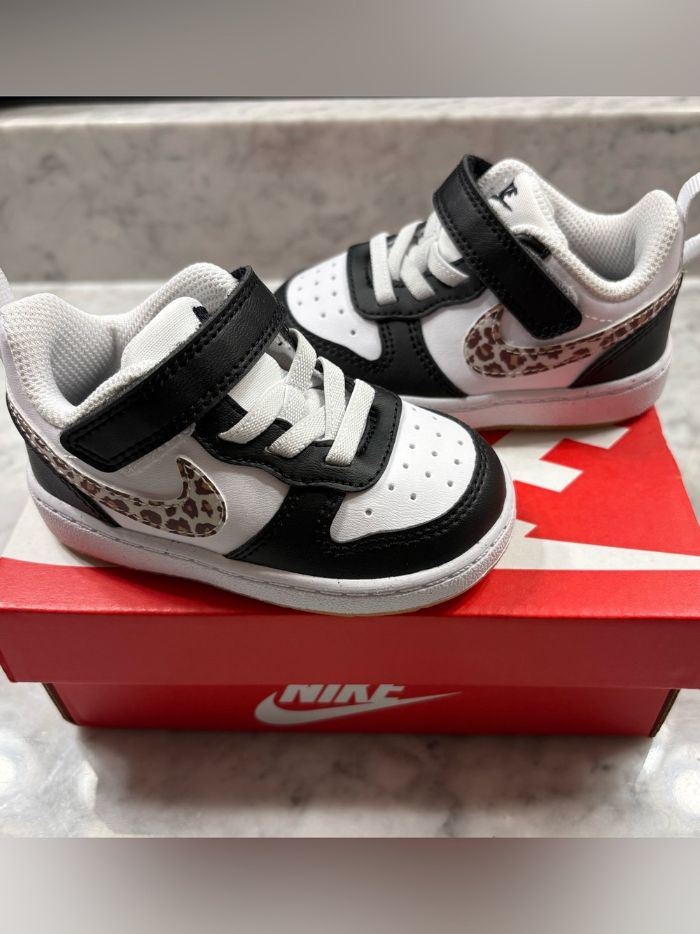 Nike Court Borough Low White Black Cheetah Toddler Girl Strap Shoe 5C or 6C